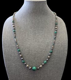 Long Vintage Malachite Color And Silver Tone Beaded Necklace