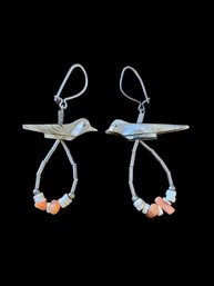 Beautiful Vintage Native American Beaded Mother Of Pearl Color Bird Earrings