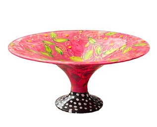Art Glass Pink Bowl On Black Polka Dot Base Mackenzie Childs STYLE Hand Crafted 7' H X 14' W