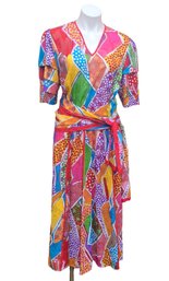 Vibrant Vintage Diana Fries Party Dress With Matching Sash And Elastic Waste