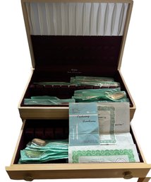 Never Used In Wrapping MCM Deluxe By Home Decorations Silver Plate 49 Piece Flatwear Set In Blonde Oak Case