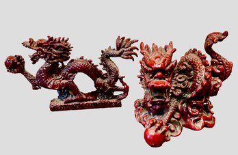 Pair Of Vintage Red Resin Chinese Dragon Sculptures