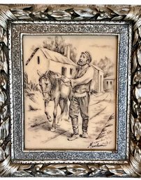 Incredible 'Judaica Man And Horse ' Engraving By MAURLEON