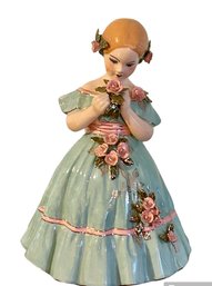 Vintage H.M. 10' Porcelain Girl Figurine Aqua Dress  Applied Roses No Issues - All Roses Intact