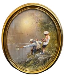 Gold Tone Oval Framed Print Of Father And Son Fishing
