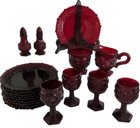 Avon Ruby Glass Lot: 10 Plates, Sugar & Creamer, Salt & Pepper Shakers, 4 Small Goblets No Issues