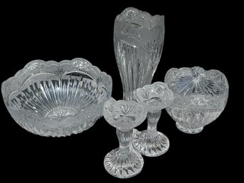 Beautiful Lot Of Oneida Crystal SOUTHERN GARDEN Items: Vase, Bowl, Candlesticks, Covered Candy Dish