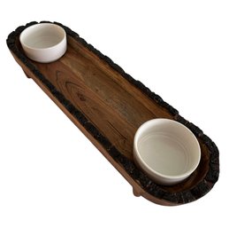 Long Contemporary 22.5'L   X 6.5' W Wood Serving Dish With 2 Ceramic Side Bowls  ( READ Description)