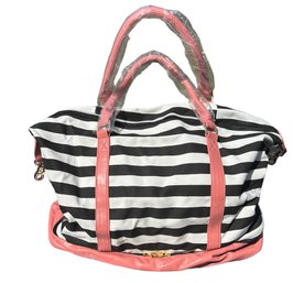 NWOT Black & White Striped Canvas And Faux Pink Leather Bottom & Straps Overnighter Weekend Tote Bag
