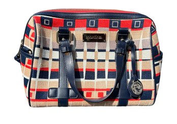 Spartina 449 Natural Linen And Leather Handbag Purse 10' X 9' Strap Drop 6' Red Interior