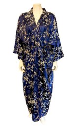 Vintage Le Loi Handmade Silk Kimono With Blue And Gold Floral Pattern