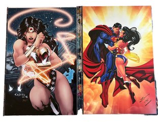 Lot Of 3 DC Comic Action Hero Art Prints In Hard Plastic Sleeves - 2 Are Shown -3rd Is On Back Side Of 1 Print
