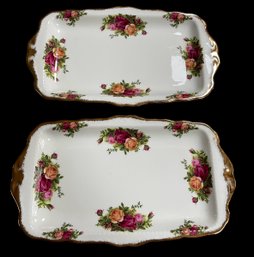 Lot Of 2 ROYAL ALBERT Old Country Roses Large Sandwich Trays GOLD HANDLES 11-3/4' X  6-7/8'