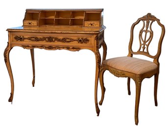 Louis XV Style Painted Writing Desk With Carved Wood Chair