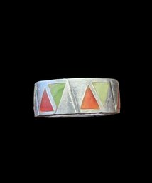 Vintage Native American Sterling Silver Red/Green Inlay Ring, Size 8