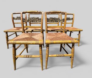 Set Six Charming Country Rush Seat Chairs In Ochre With Stencil Backs