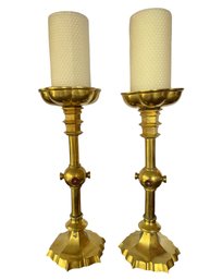Pair Mid 19th C English Gothic Revival Enamel Mounted & Brass  Candle Holders