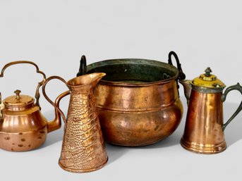 Grouping Four Decorative Copper Cauldron, Pitcher & Tea Kettle