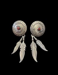 Vintage Native American Sterling Silver Coral Color Feather Dangle Earrings