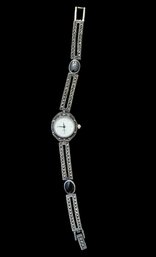 Vintage Sterling Silver Marcasite Onyx Color Japanese Quartz Watch