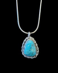 Vintage Italian Sterling Silver Necklace W/ Native American Turquoise Color Pendant