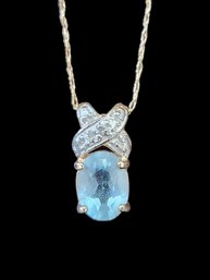 Vintage 10K GOLD Necklace W/ Sterling Silver Aquamarine Clear Stones Pendant