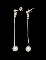 Vintage Italian Sterling Silver Pearl Color Long Dangle Earrings