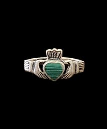 Vintage Sterling Silver Malachite Claddagh Ring, Size 6.5
