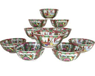 Ten Vintage Hand Painted Fine Porcelain Famille Rose Rice Bowls