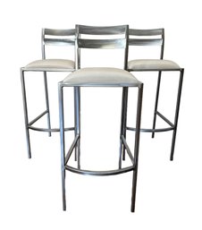 Set Of Three Brushed Steel And Leather Stools