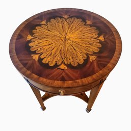 Stunning Maitland Smith Flame Mahogany End Table With Blooming Flower Medallion Inlay And Brass Rosettes