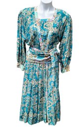 Diane Freis Petites Floral Drop Waist Long Sleeve Dress 100 Silk