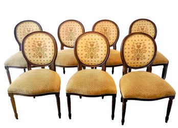 Set Of 7 French Louis XVI Shield Back Dining Chairs With Fluted Mahogany Trim