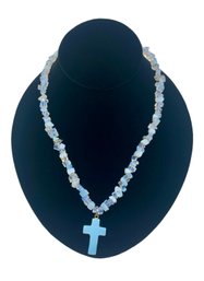Opalescent Glass Beaded Necklace With Cross