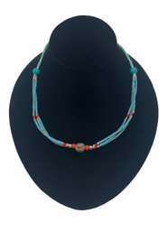 Turquoise, Coral, Stone & Metal Beaded Necklace