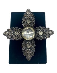 Vintage Signed Artisan Silver Tone Brooch With Glass Stones