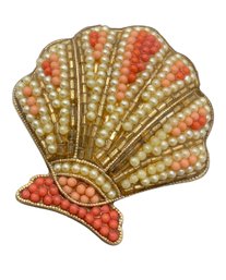 Vintage Gold Tone Metal & Beads Shell Brooch