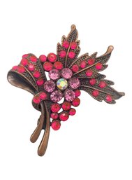 Copper Tone Metal & Rhinestone Flower Brooch