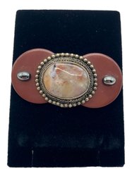 Signed Artisan Button And Genuine Stone Brooch