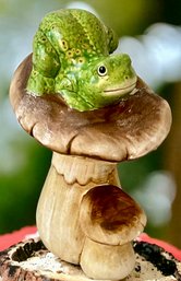 Petite Vintage Frog On Mushroom Statue