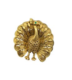 Vintage Gold Tone Peacock Brooch With Green Rhinestone
