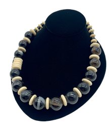 Gorgeous Heavy Genuine Black Agate & Bone Beaded Necklace