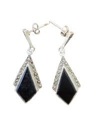 Vintage Sterling Silver CWZ Onyx Color Marcasite Dangle Earrings