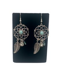 Silver Tone Dreamcatcher Hook Earrings With Faux Turquoise