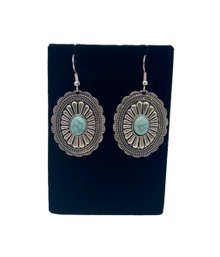 Silver Tone Hook Earrings With Faux Turquoise
