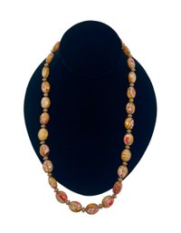 Vintage Brass And Orange Art Glass Beaded Necklace