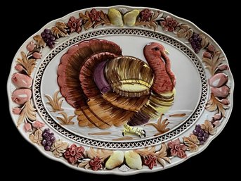 Vtg Colorful Turkey Platter Raised Design Made In Japan 19' X 14-1/2'