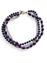 Artisan Beaded Amethyst Glass & Faux Pearl Necklace