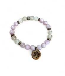 Pink And White Quartz Beaded Bracelet With Copper Lotus Charm