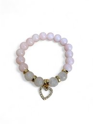 Pink Quartz Beaded Bracelet With Heart Charm
